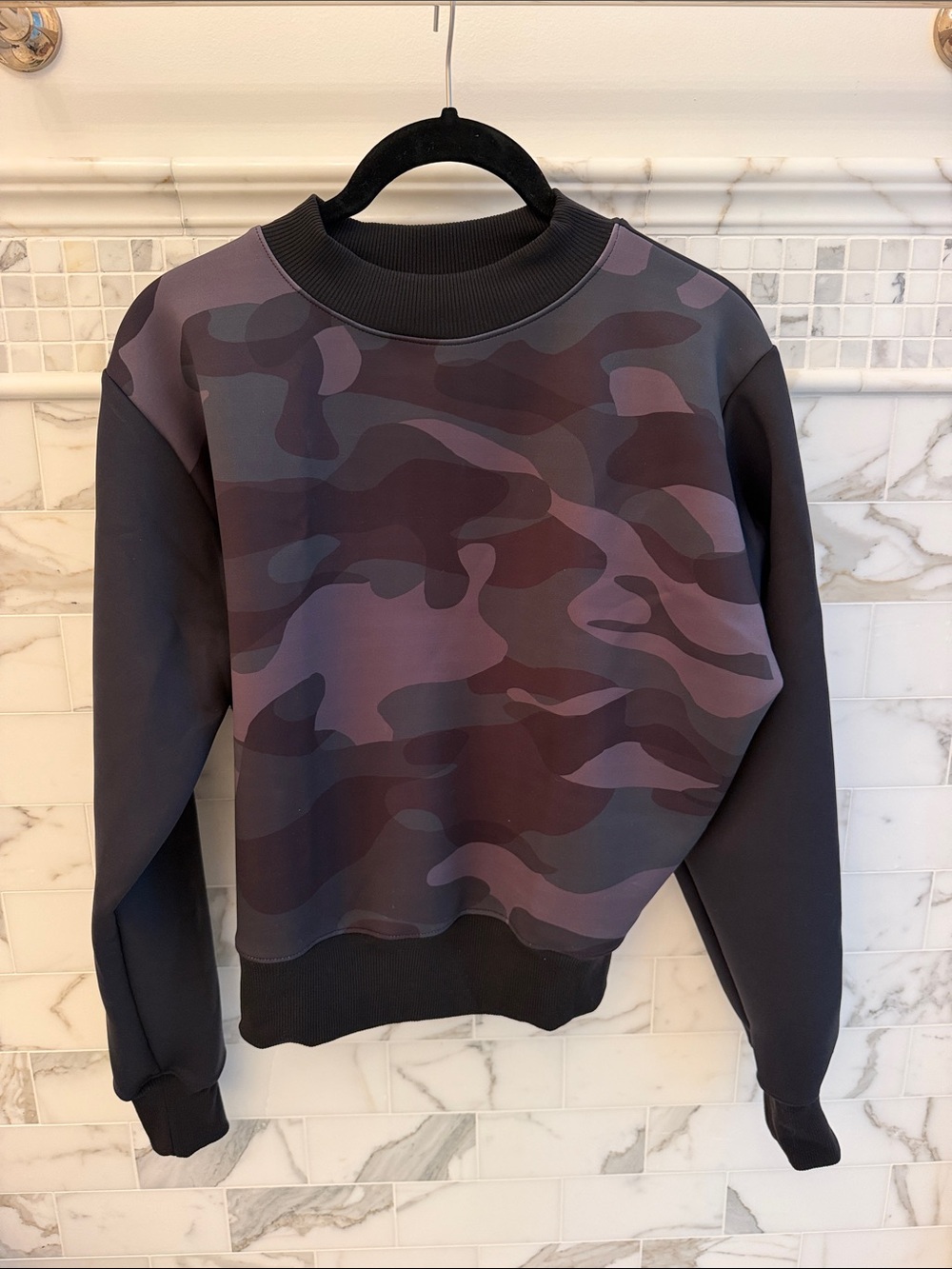 Women’s Black, Blue, Gray Camo Crewneck Sweater- luxurious neoprene fabric